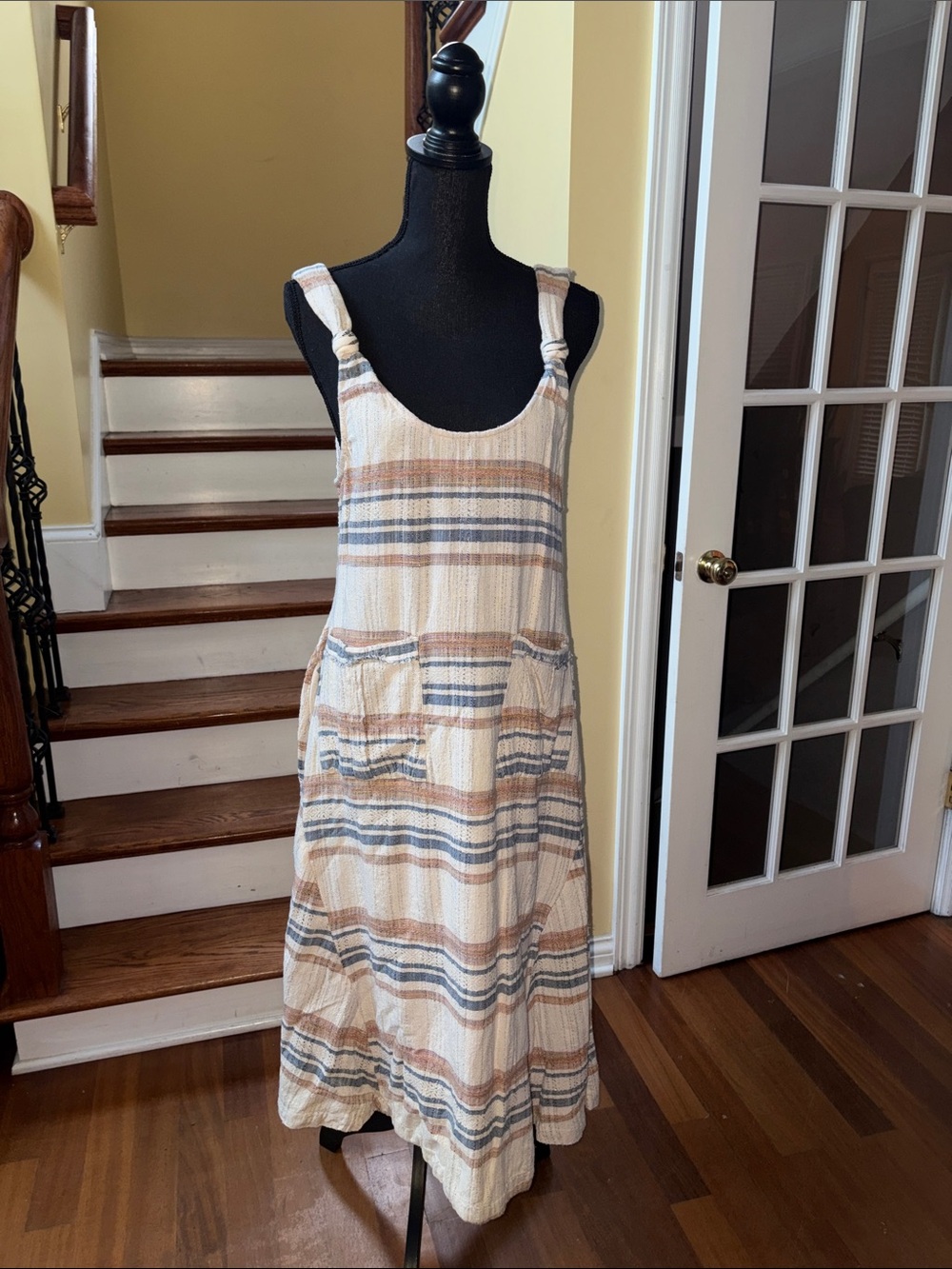 Free People Striped Knotted-Shoulder Maxi Dress in Cream, Blue & Tan
